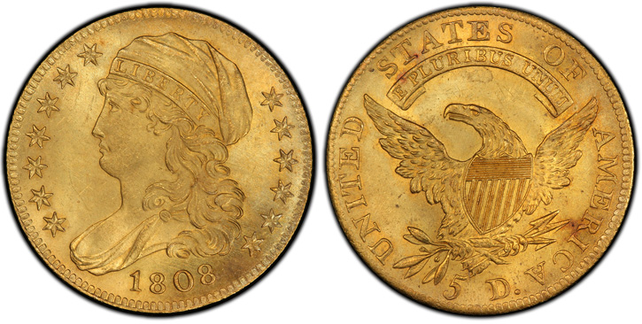 1808 Capped Bust Left Half Eagle. BD-4. Wide 5 D. MS-65 (PCGS).